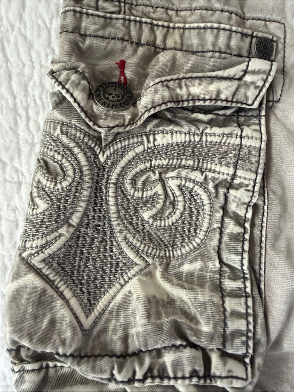 Affliction Men's Cargo Shorts in distressed Gray with Embroidered Pockets - Picture 2 of 5